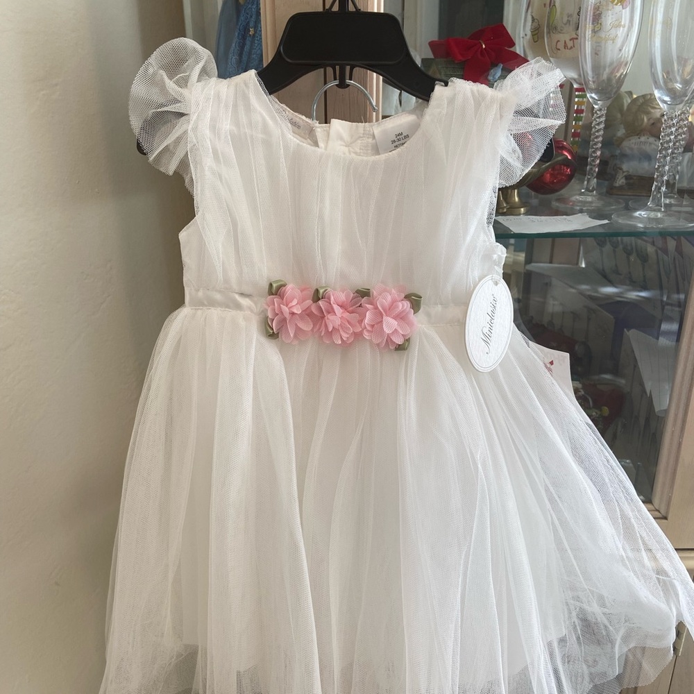Elegant White Kids Formal Dress with Pink Floral Accents